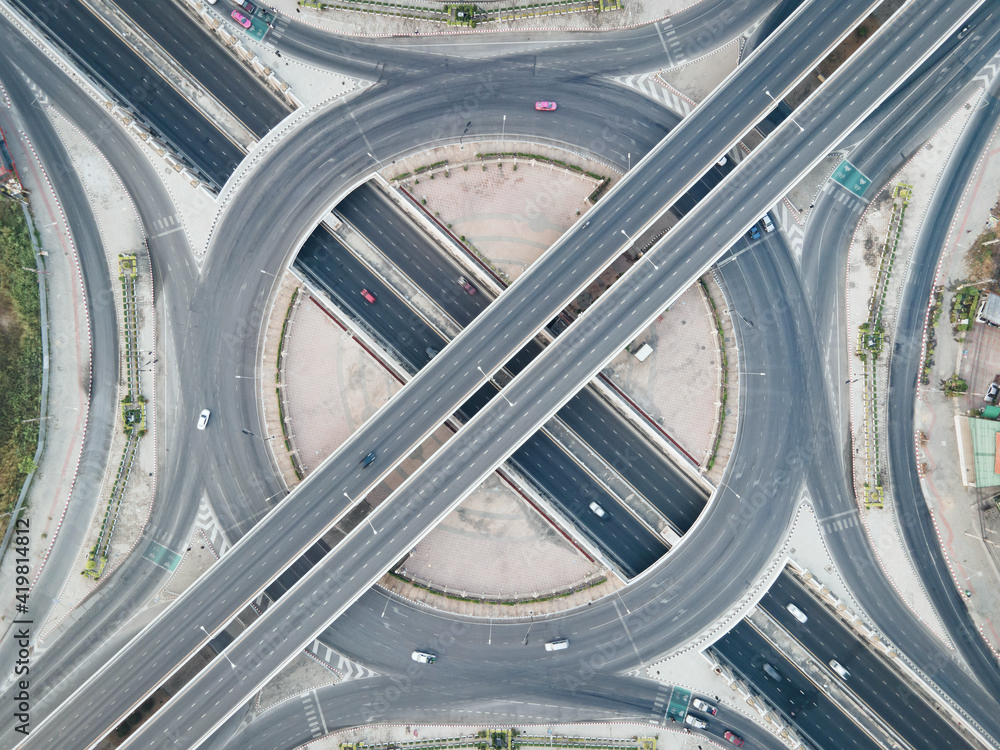 Aerial view of a multi-level highway interchange