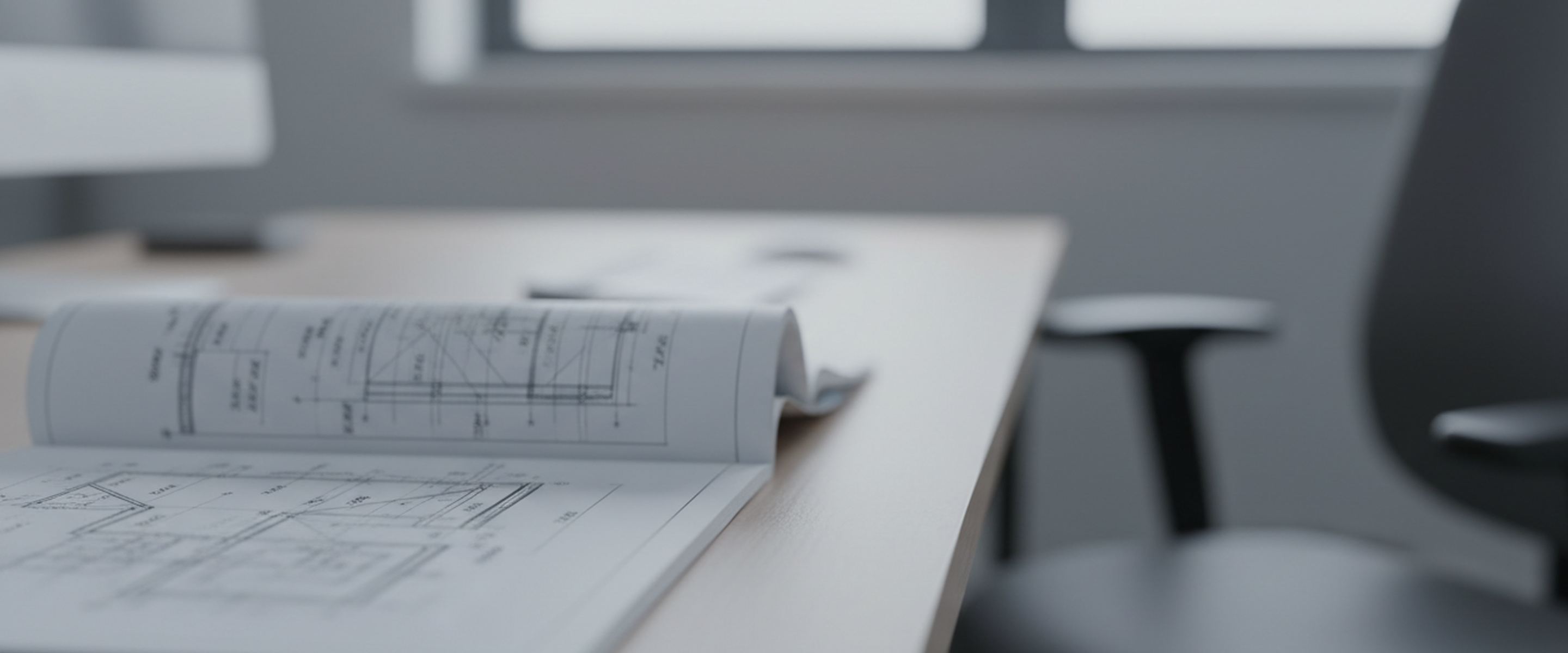 Architectural blueprints and documents on a desk in an office