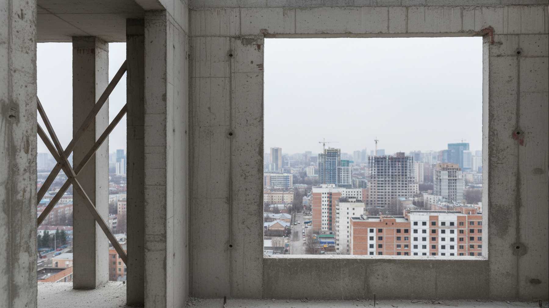 Construction site interior with city skyline visible through an open window frame