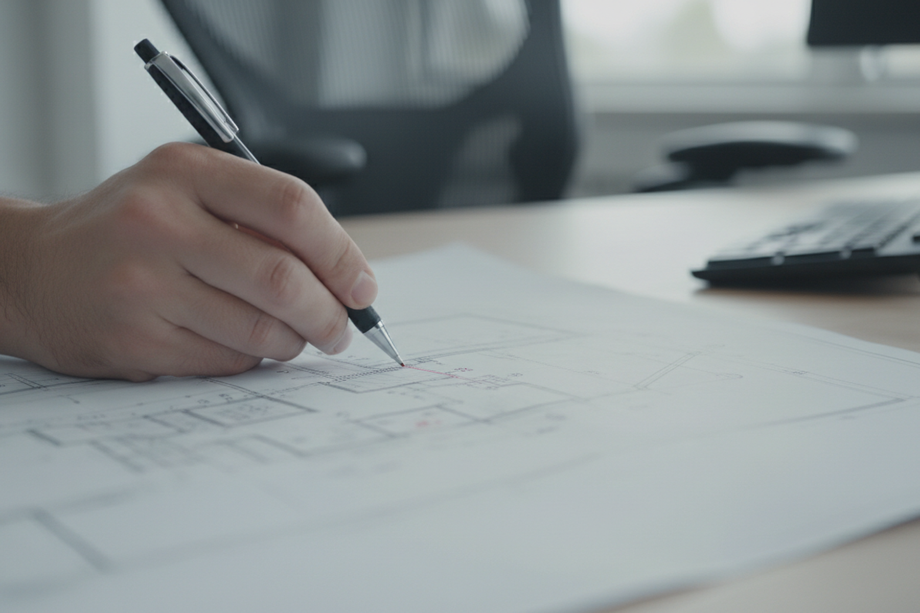 Hand marking a technical blueprint spread on a desk beside a keyboard
