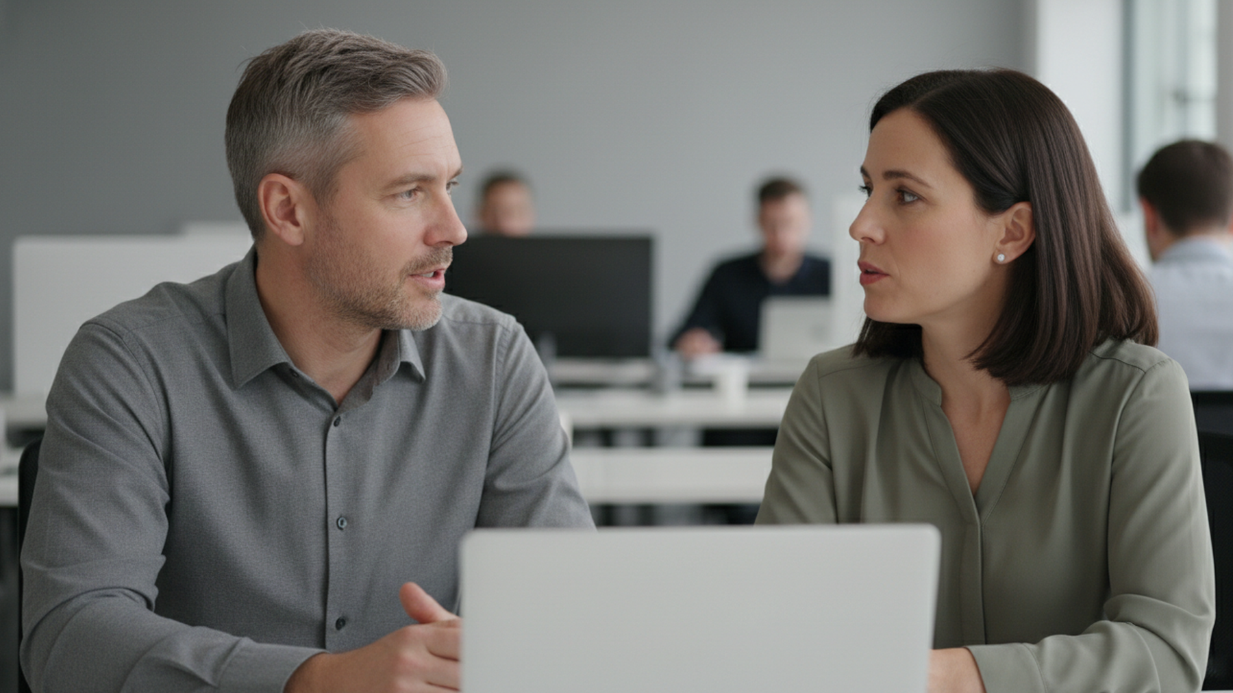 Two colleagues reviewing DRMS design review information on a laptop in an office