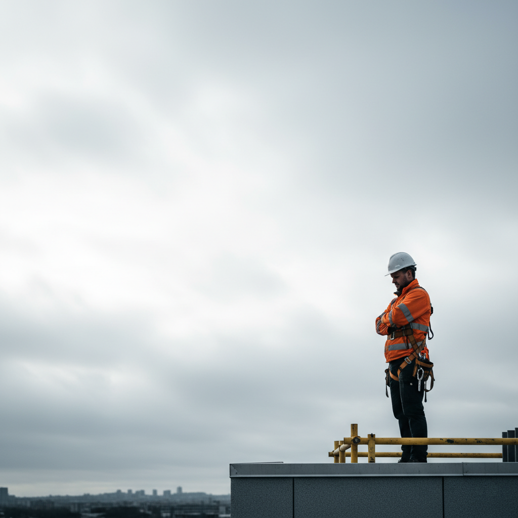 Construction worker in high-visibility gear standing on a rooftop against an overcast sky