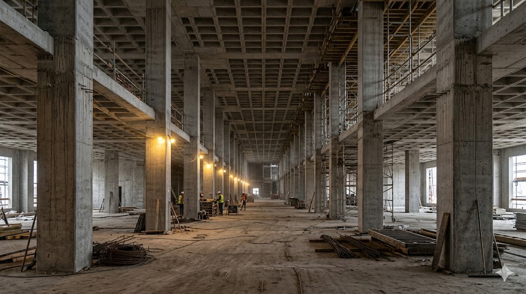 Interior of a concrete building under construction with workers and scaffolding