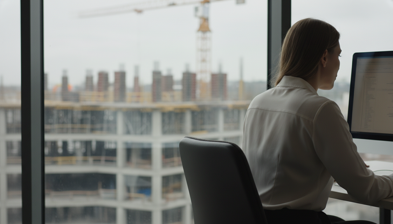 Office worker at a desk overlooking a construction site through a window