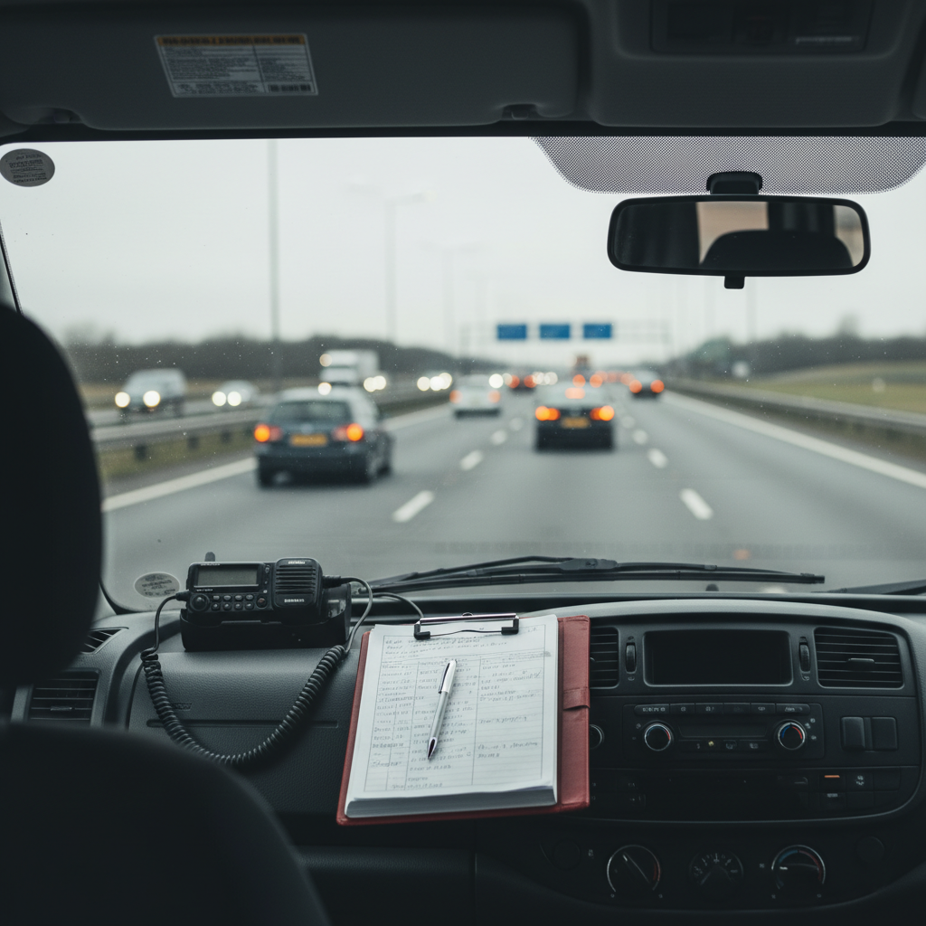 Clipboard and two-way radio on a vehicle dashboard with a motorway visible through the windscreen