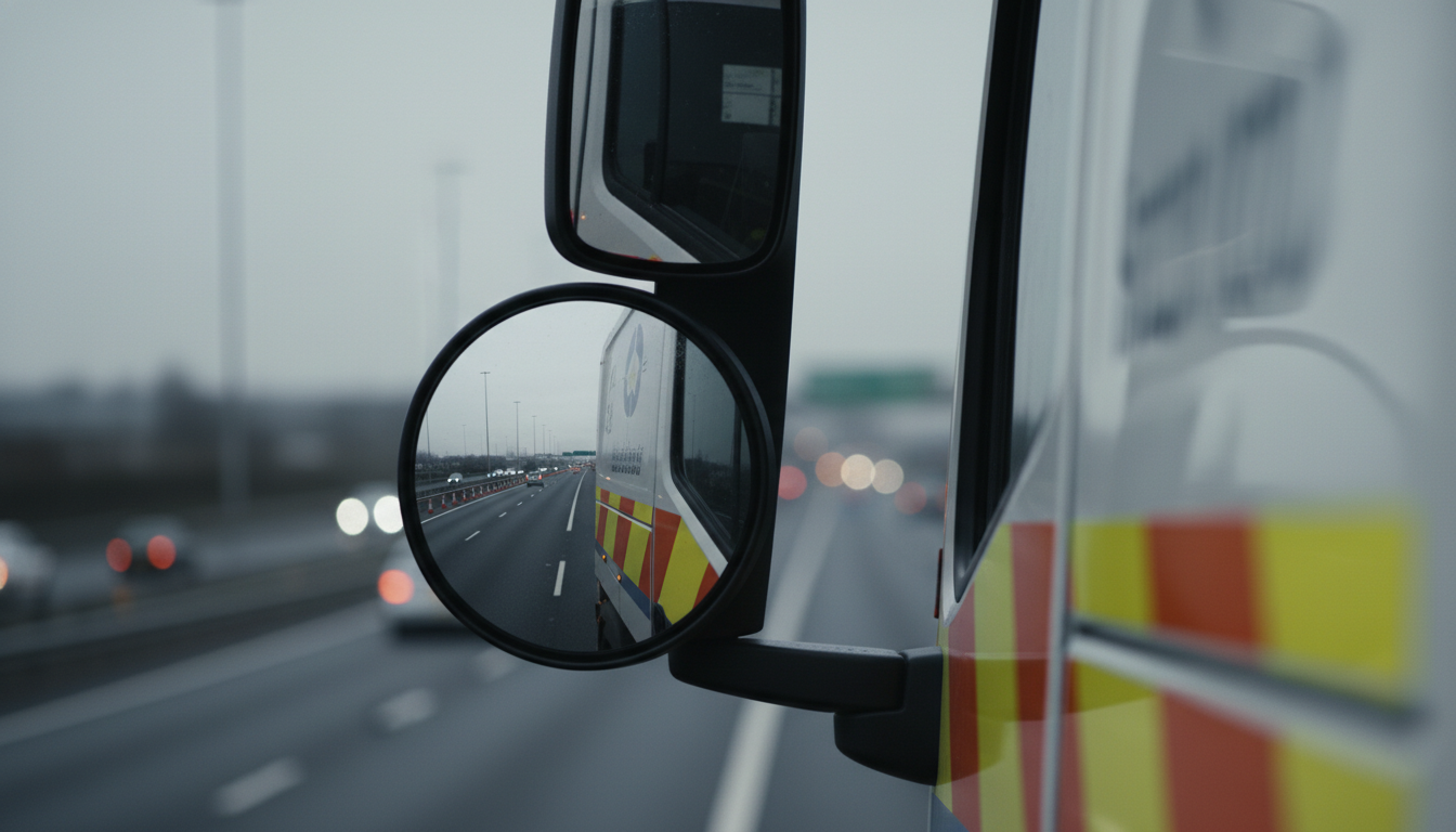 Side mirrors on an incident response vehicle reflecting traffic on a multi-lane motorway