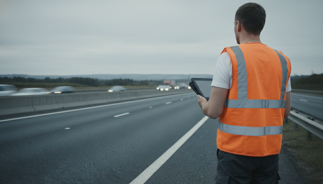 Traffic management worker in a hi-vis vest holding a tablet while overlooking a multi-lane motorway
