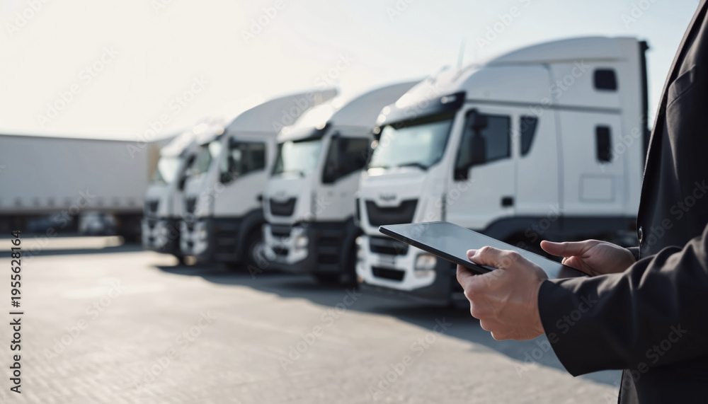 Person in a suit holding a tablet in front of a row of white delivery trucks