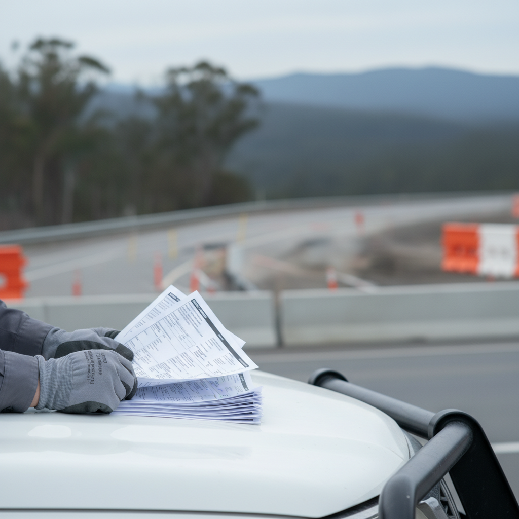 Motorway maintenance worker in high-visibility gear beside a multi-lane road