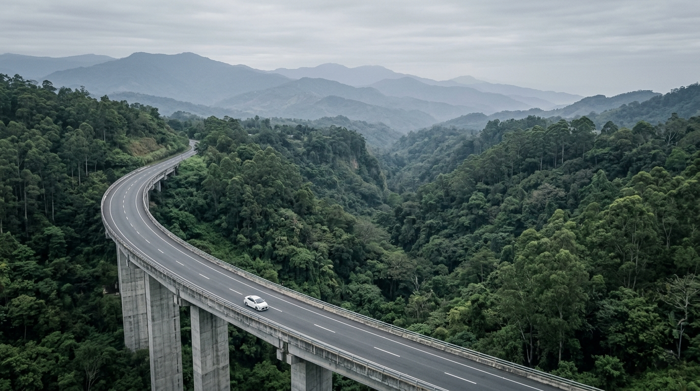 Multi-lane motorway cutting through rolling green hills under a clear sky