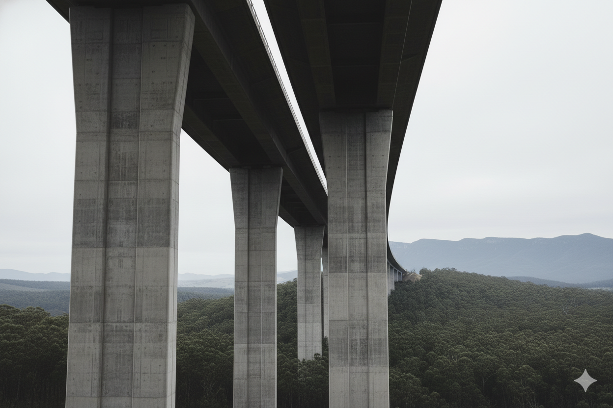 Concrete motorway viaduct with tall pillars spanning a green forested valley